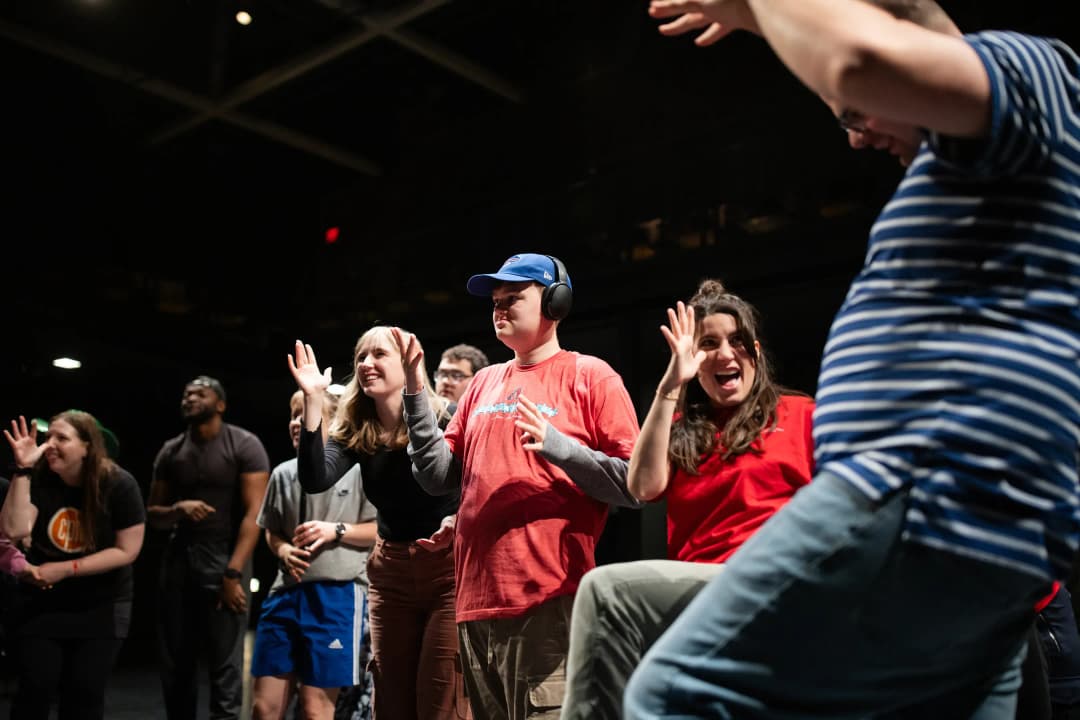 Small group connection during the Shakespeare and Autism program by Flute Theatre in Ohio at OSU Wexner Center, creating an inclusive sensory-friendly theatre experience.