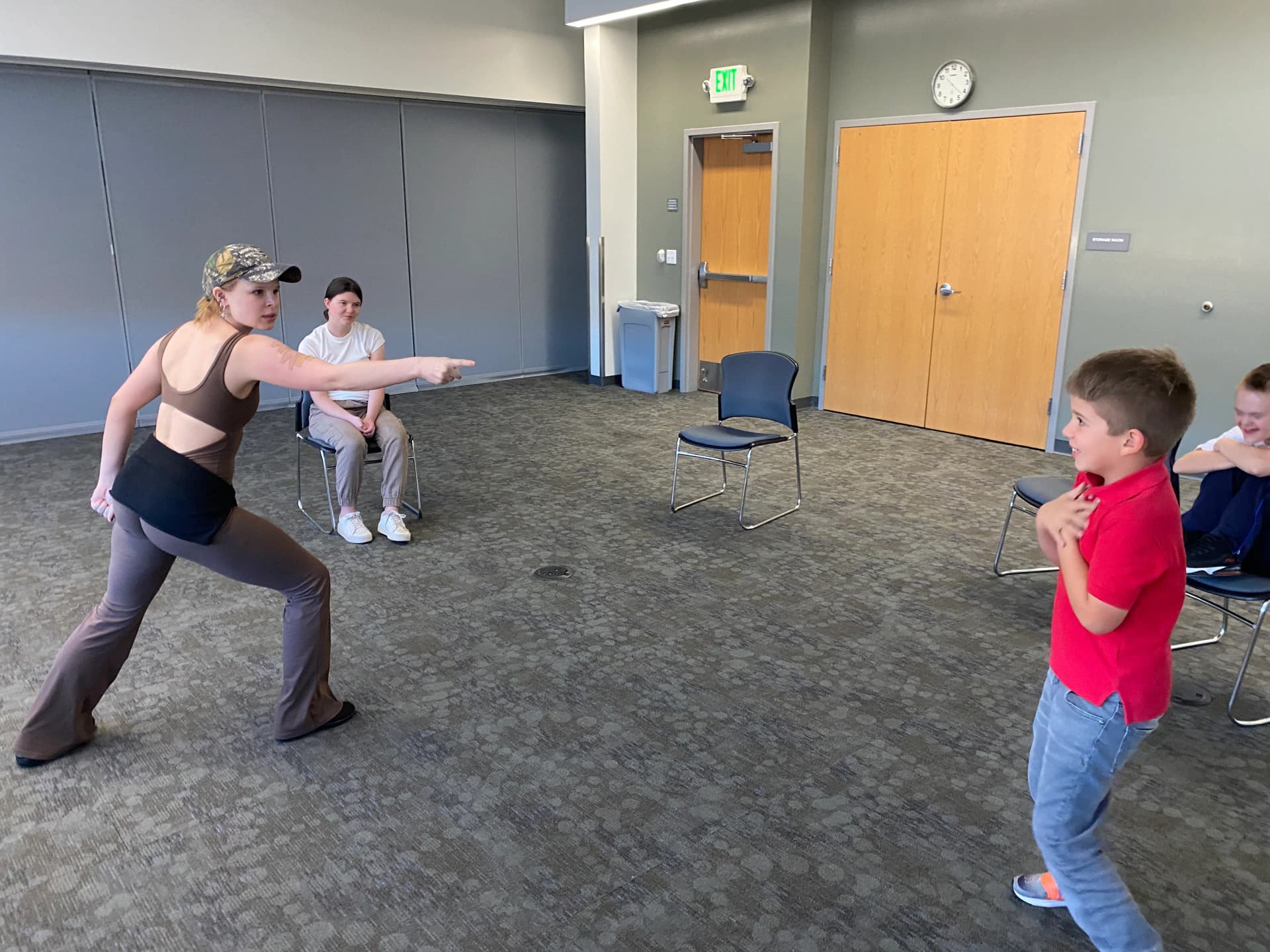 George and Sofie in a Flute Theatre workshop in Denver, engaging children in interactive storytelling inspired by Pericles.